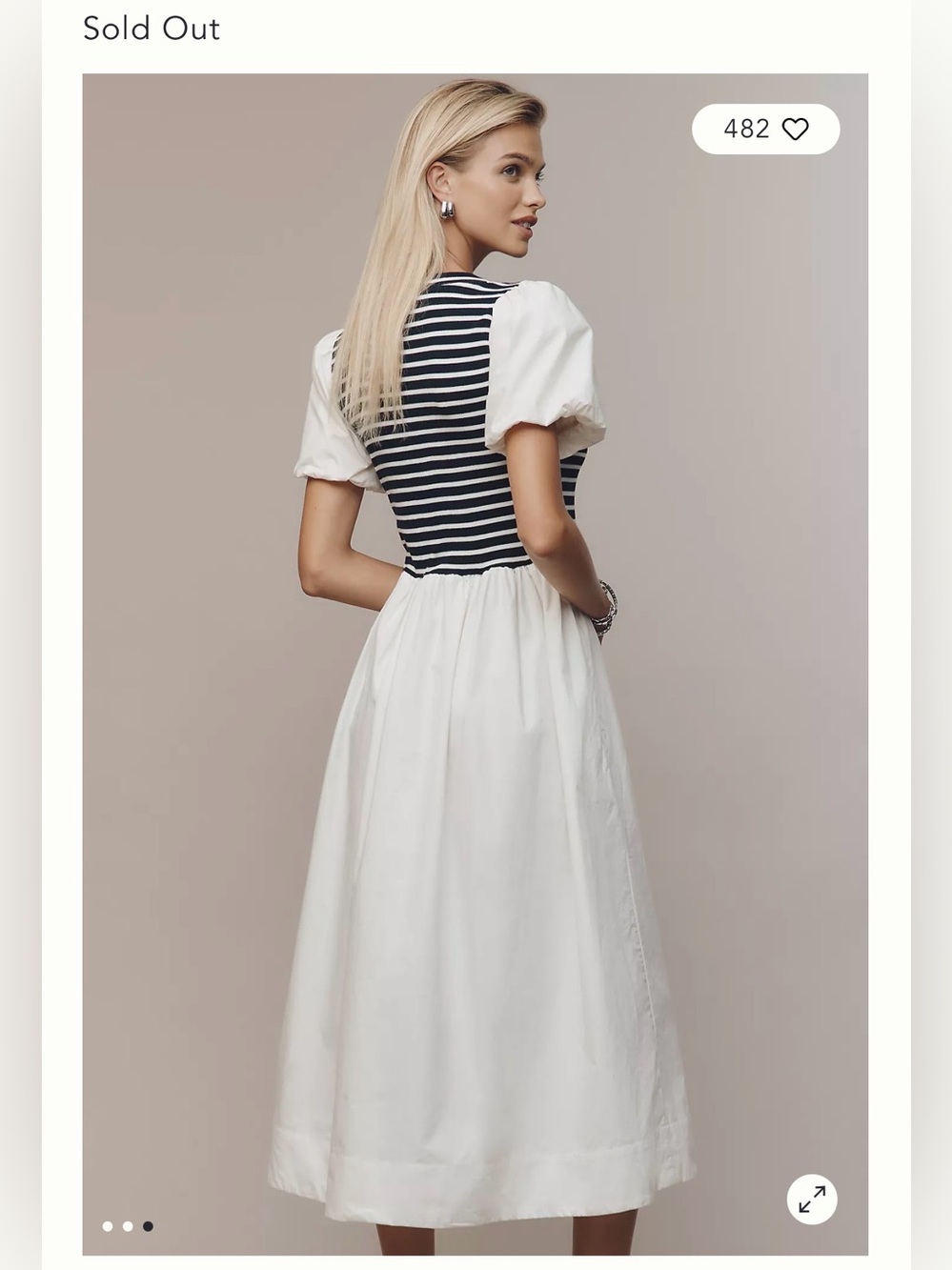 Maeve Striped Bodice Puff-Sleeve Midi Dress in White and Black - Picture 3 of 15